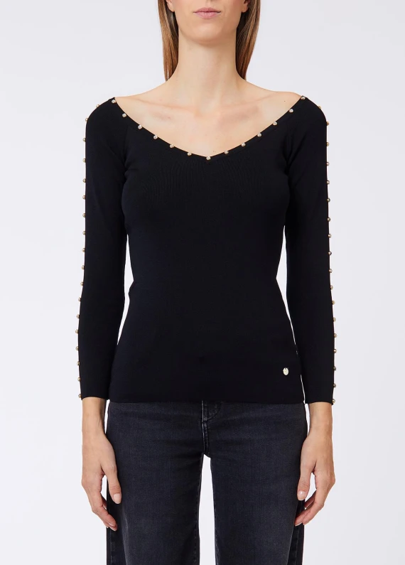 Black crew-neck sweater with sparkling details LIU JO JEANS FASHION