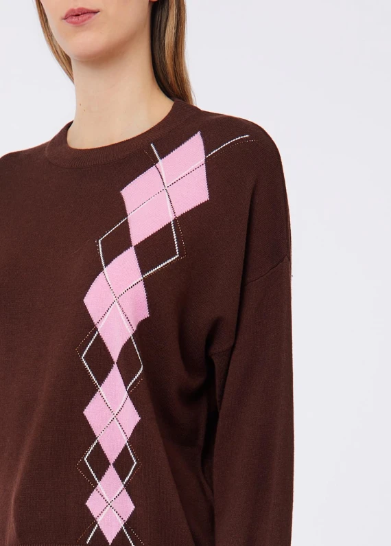 Maglia marrone con intarsio argyle rosa Liu Jo