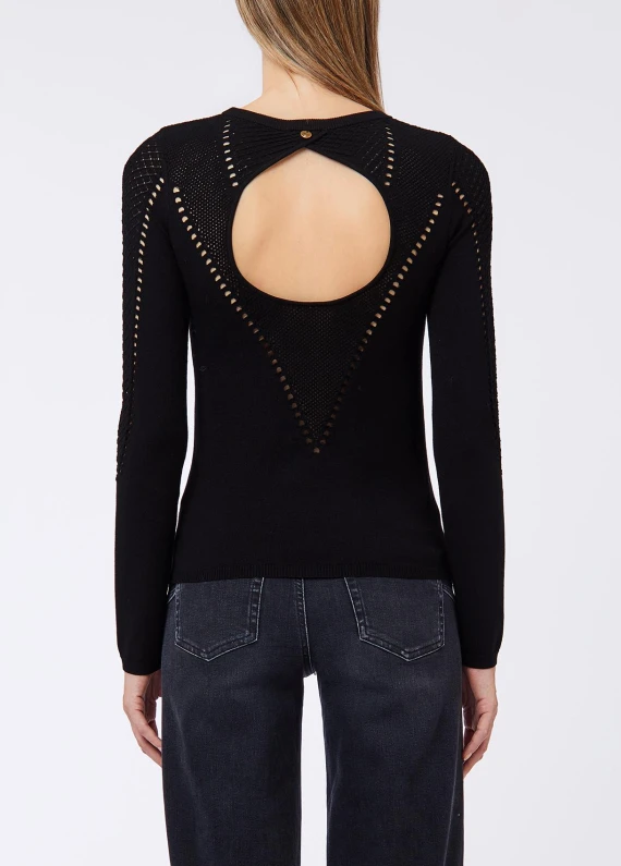 Maglia nera a maniche lunghe con applicazione a V Liu Jo