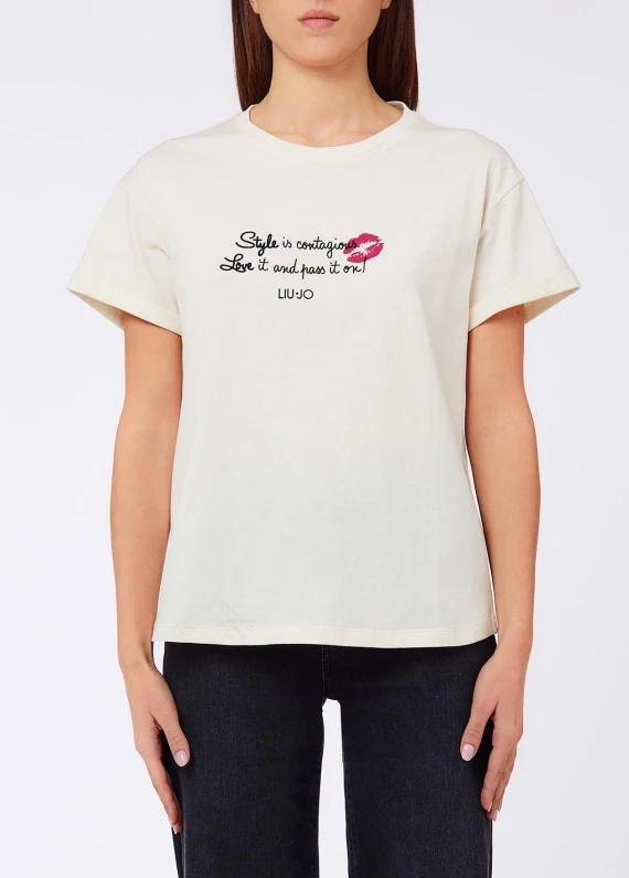 T-shirt in cotone panna con stampa grafica