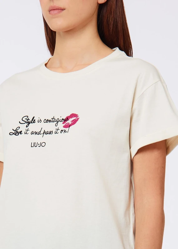 T-shirt in cotone panna con stampa grafica Liu Jo
