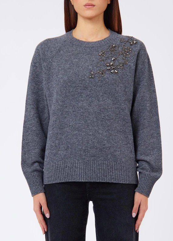 Grey melange embroidered wool sweater LIU JO JEANS FASHION