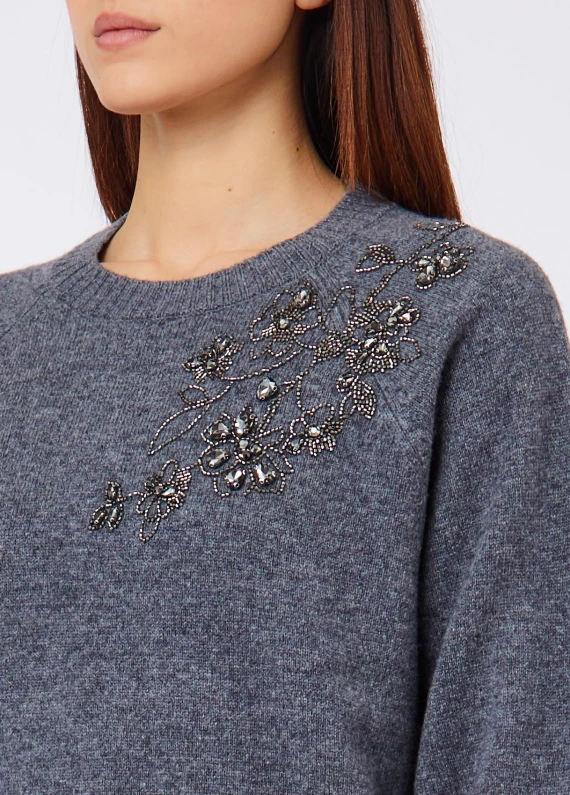 Grey melange embroidered wool sweater Liu Jo