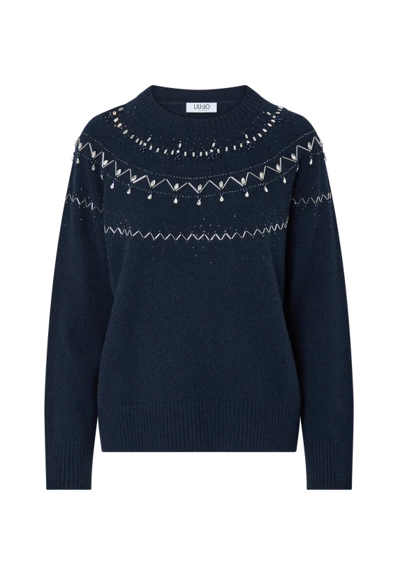 Dark blue wool sweater with jewel embroidery LIU JO JEANS FASHION