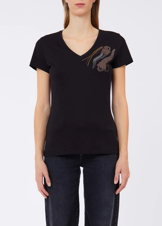 Black cotton V-neck T-shirt LIU JO JEANS FASHION