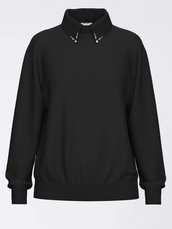 Black closed-knit sweater with poplin shirt collar LIU JO JEANS FASHION