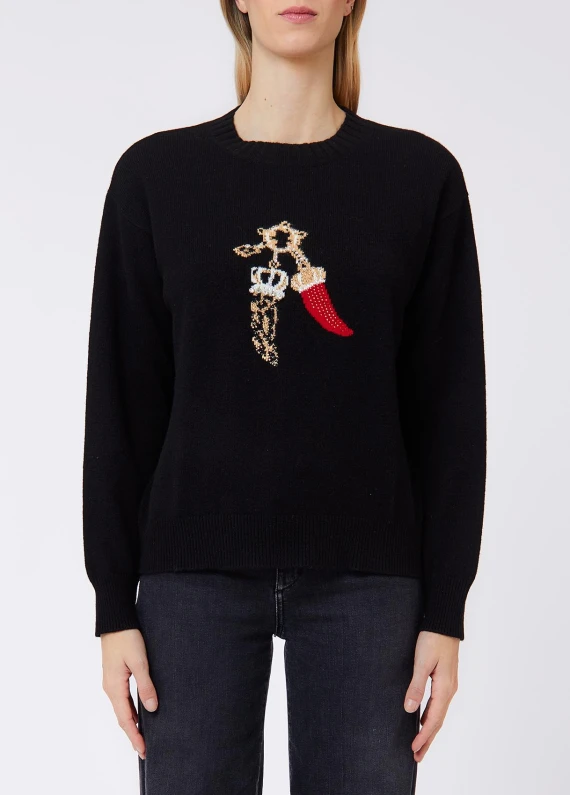 Black wool sweater with lucky charms LIU JO JEANS FASHION