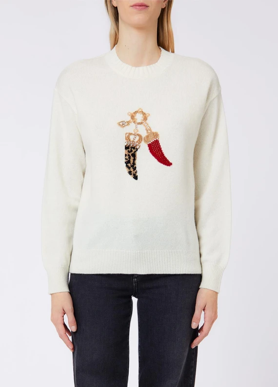 White wool sweater with lucky charms LIU JO JEANS FASHION