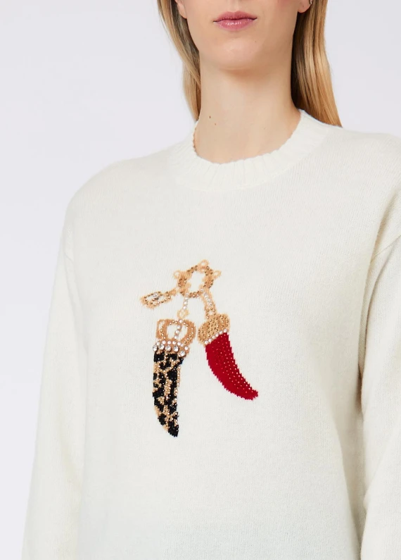 Maglione in lana bianco con portafortuna Liu Jo
