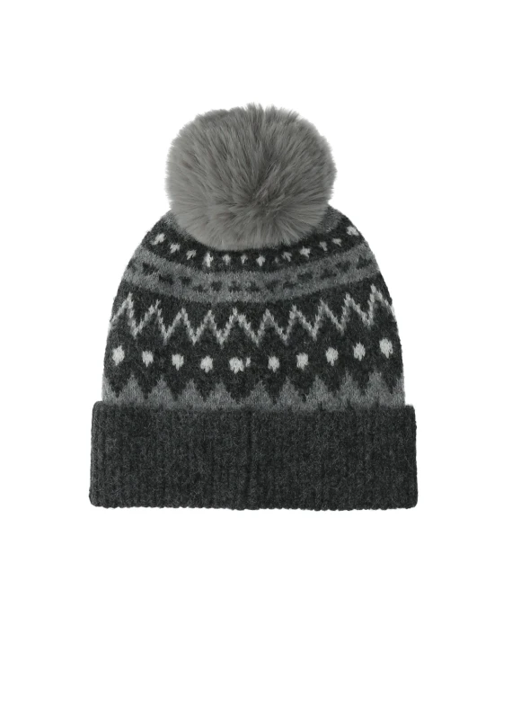 Cappello a cuffia jacquard grigio antracite con borchie e pompon