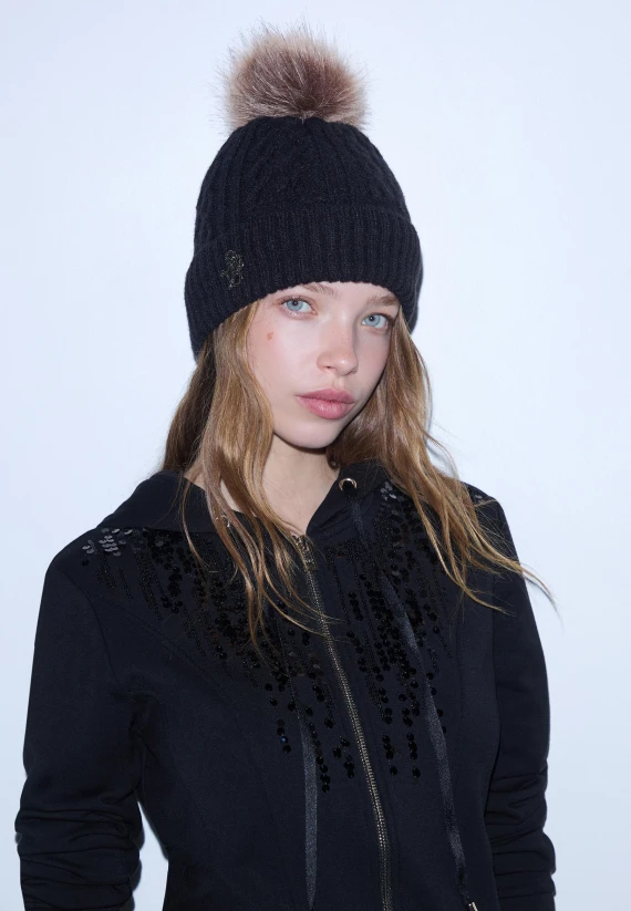 Berretto in maglia nero con trecce e ponpon LIUJO ACCESSORI