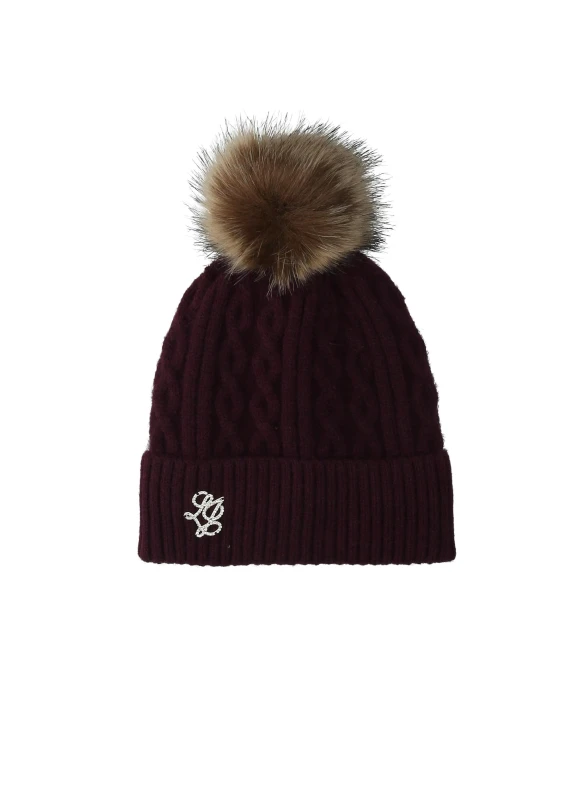 Cappellino a maglia rosso scuro con ponpon