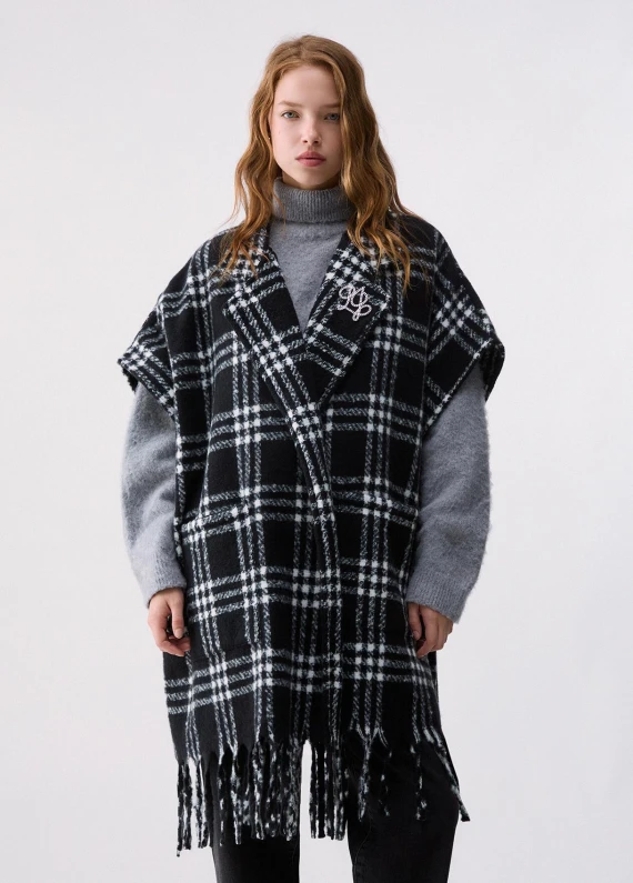 Poncho nero lungo a quadri con frange LIUJO ACCESSORI