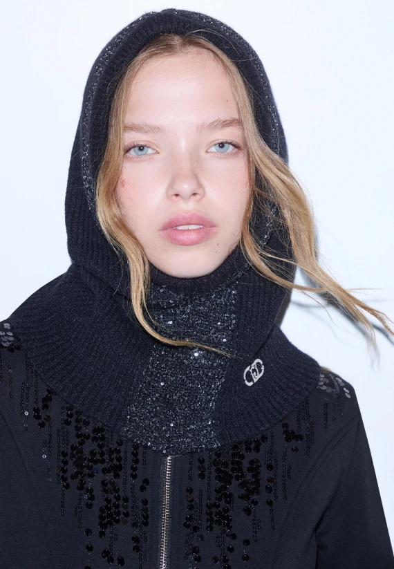 Black hooded cape with sequin thread LIUJO ACCESSORI
