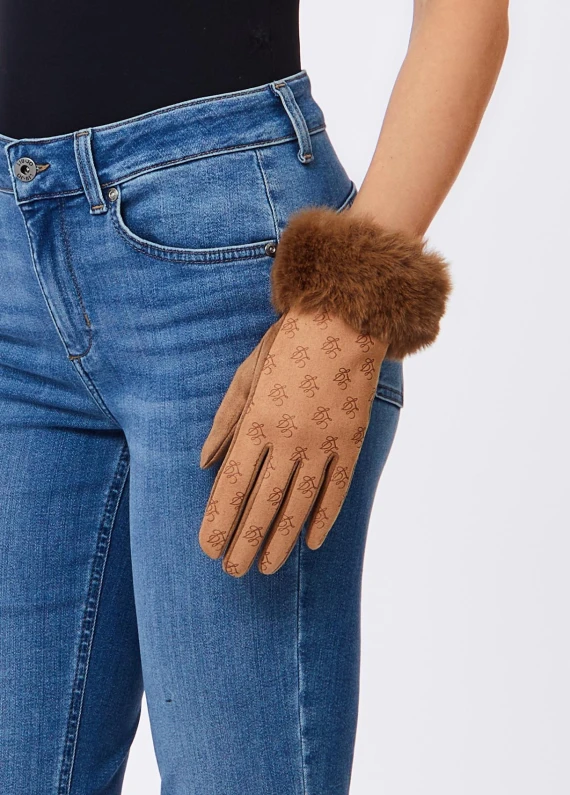 Guanti a cinque dita marrone chiaro con bordo in pelo LIUJO ACCESSORI