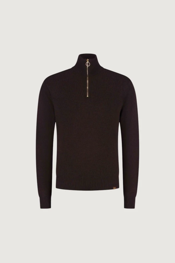 Maglia zip in lana e acrilico marrone scuro