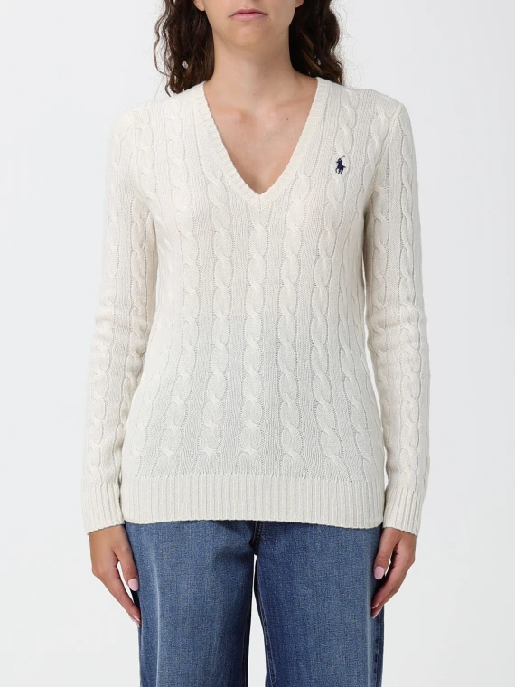 Pullover crema a trecce con scollo a V