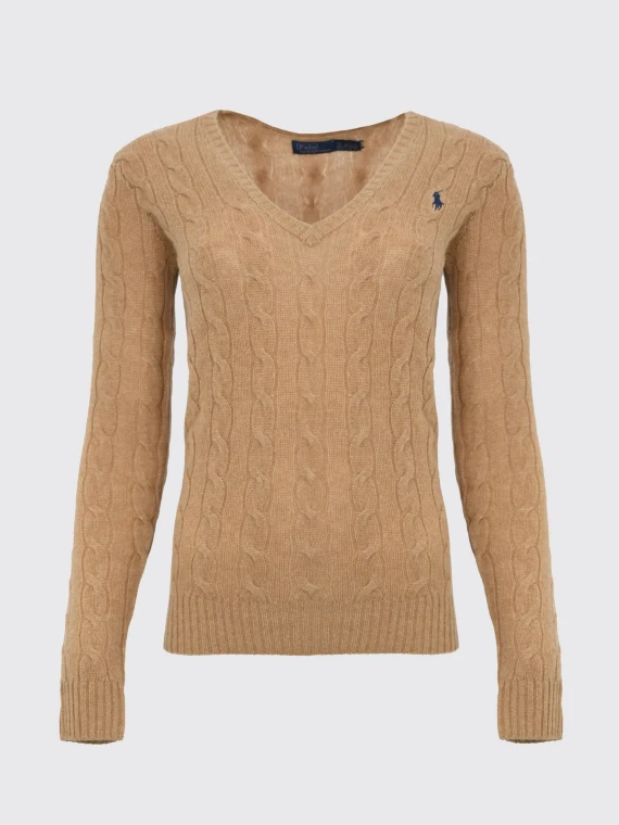 Camel cable-knit V-neck sweater POLO RALPH LAUREN DONNA