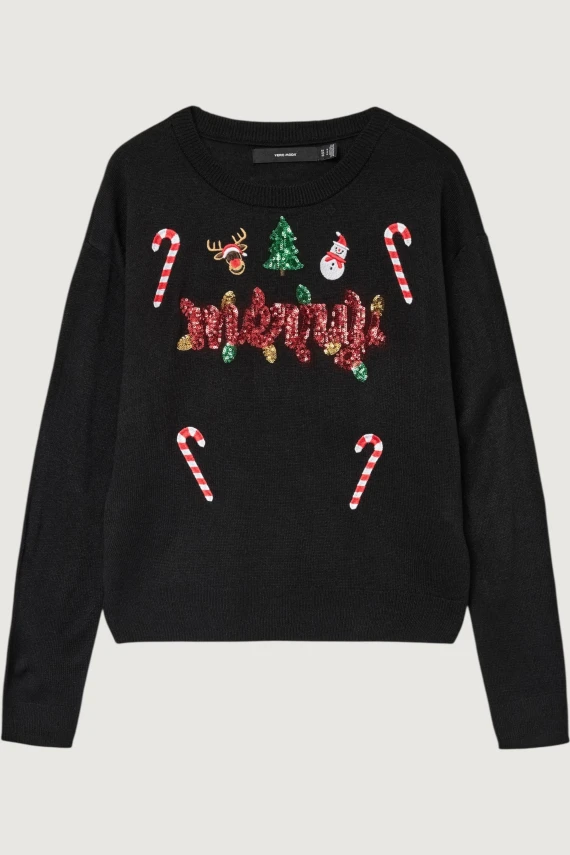 Maglione nero girocollo con grafica natalizia