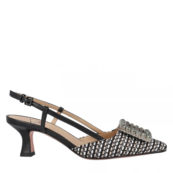 Slingback in cezanne con accessorio strass in tinta bianca e nera 