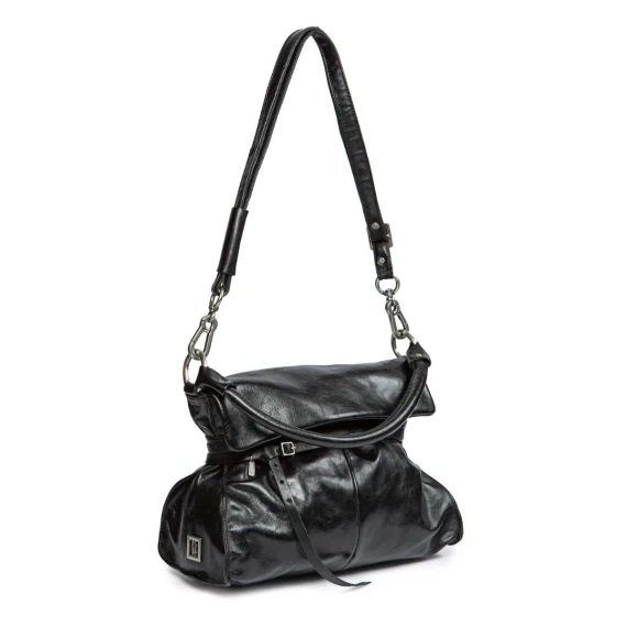 black leather briefcase with a rolled strap