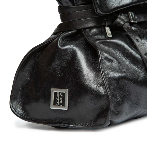 black leather briefcase with a rolled strap