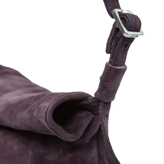 rolled shoulder strap in purple suede