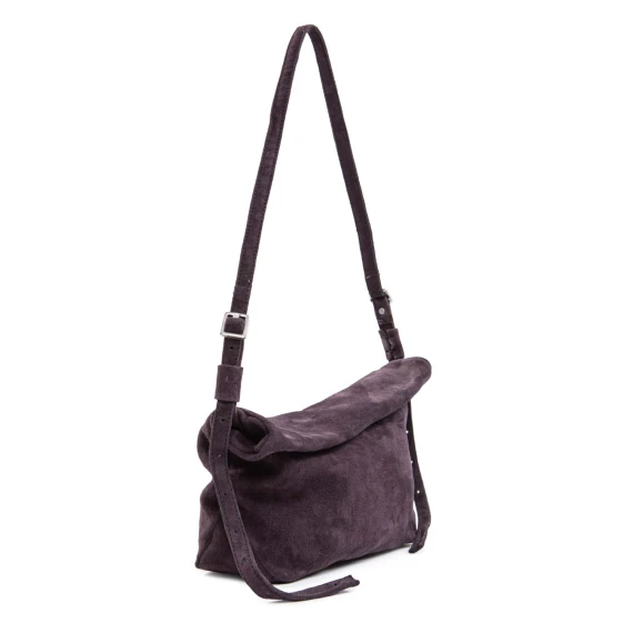 rolled shoulder strap in purple suede