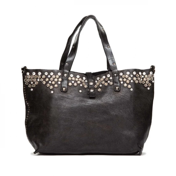 shopper in pelle nera con strass e borchie 