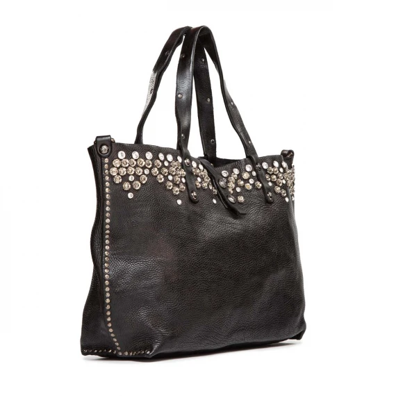 shopper in pelle nera con strass e borchie 