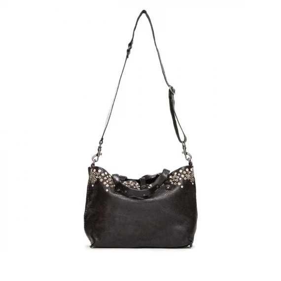 shopper in pelle nera con strass e borchie 