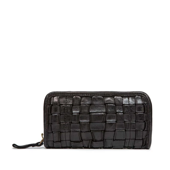 portafogli zip around in pelle intrecciata nera