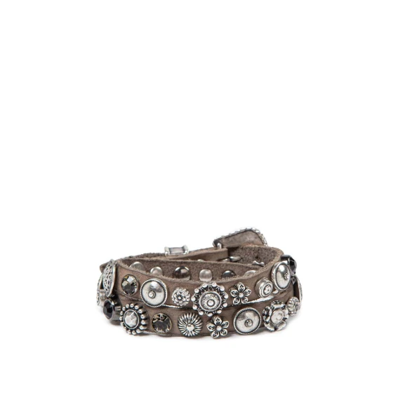bracciale doppio giro grigio con strass e fiori