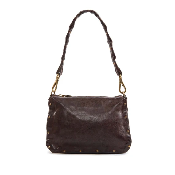 dark brown leather shoulder bag with rivets