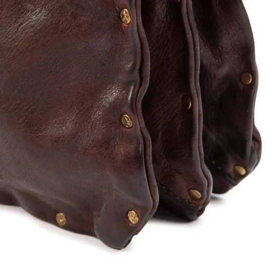 dark brown leather shoulder bag with rivets
