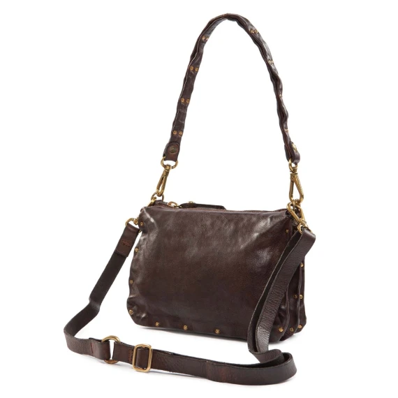 dark brown leather shoulder bag with rivets