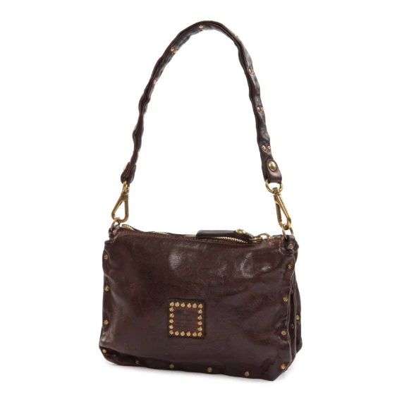 dark brown leather shoulder bag with rivets