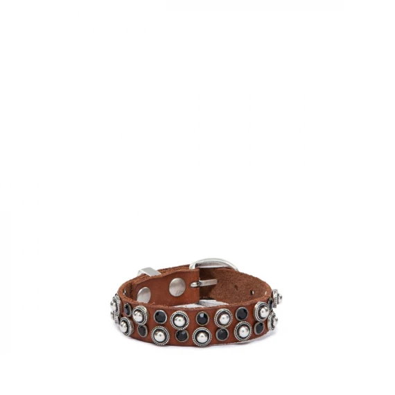 bracciale in pelle cognac con strass neri