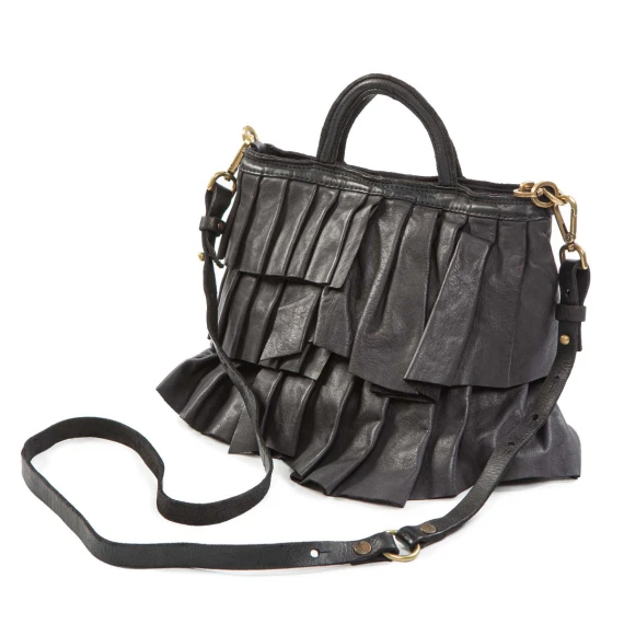 shopper piccola con rouches in pelle nera