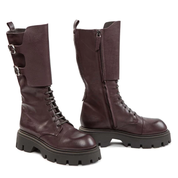 3/4-length combat boots with burgundy leather gaiters