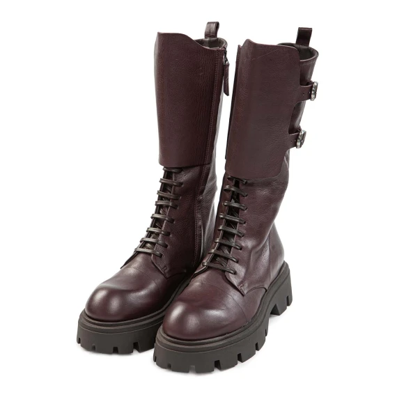 3/4-length combat boots with burgundy leather gaiters