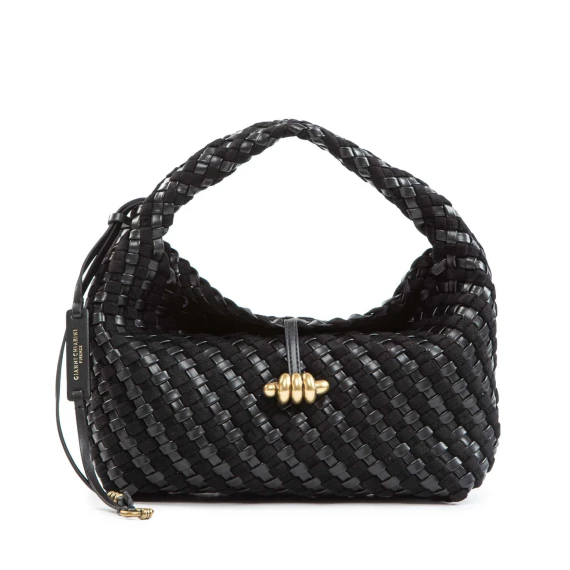 AURELIE Small Single-Shoulder Bag in Black Woven Leather Gianni Chiarini