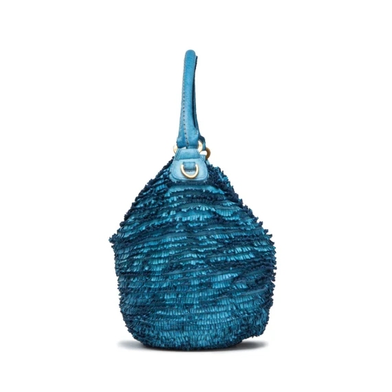 secchiello con frange in pelle blu cadetto