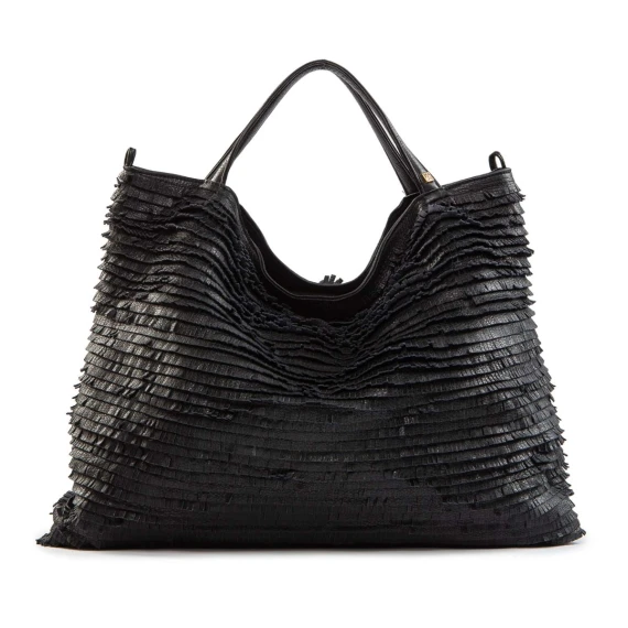 shopper con frange in pelle nera