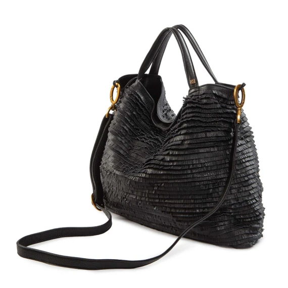 black leather fringed shopper