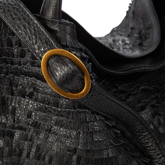 black leather fringed shopper