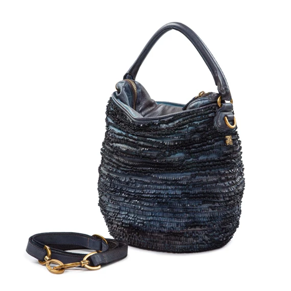 secchiello con frange in pelle pavone majo