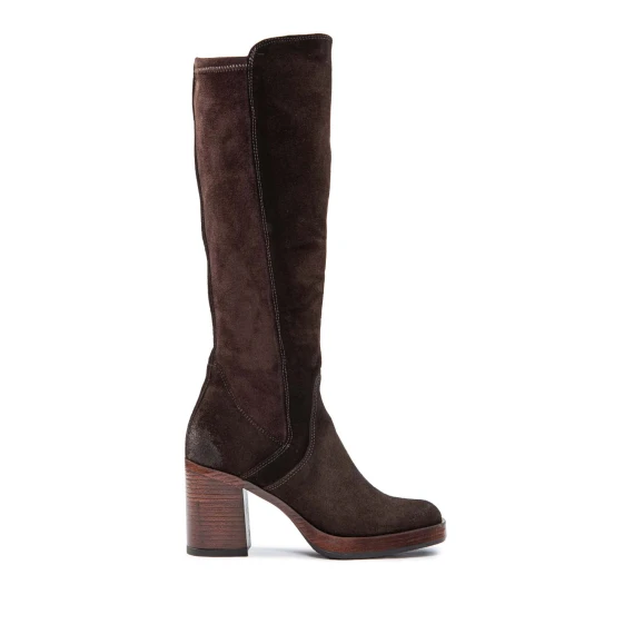 Coffee-colored suede boots with heels and a platform mjus