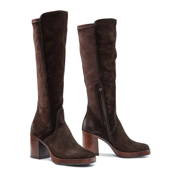 Coffee-colored suede boots with heels and a platform
