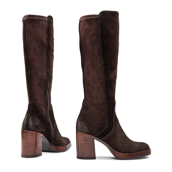 Coffee-colored suede boots with heels and a platform